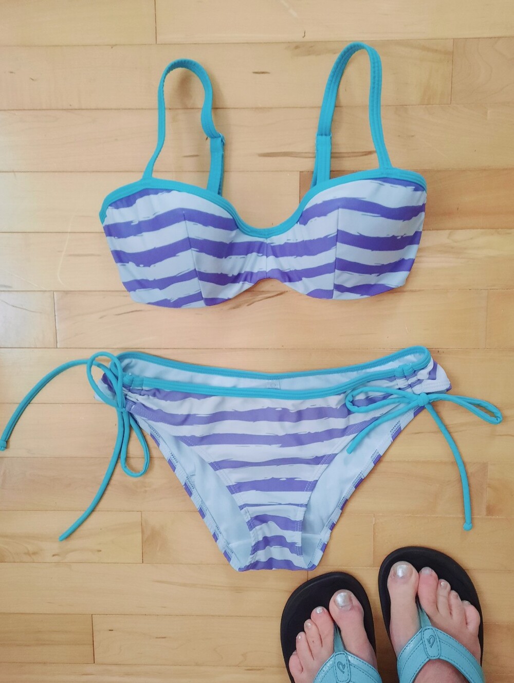 CHIC 2pc Striped Bikini, Periwinkle Mauve/White, Turquoise Blue Trim & Straps